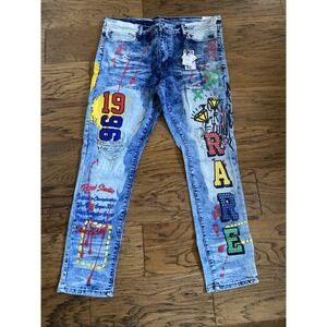 Rue 21 New Graphic Jeans Grunge Skater Streetwear Paint & Patches 36 X 32